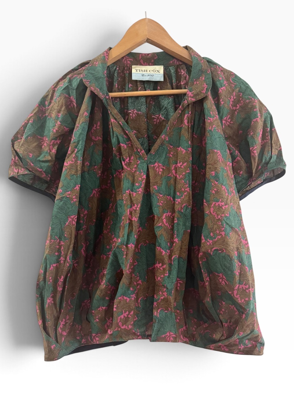 Tish Cox Split-Neck Short Sleeve Bubble Blouse Floral Print Size Small